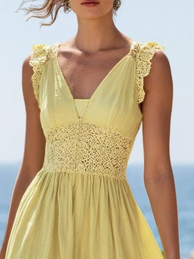 (TAILLES:XS-XXL)Robe longue en lin, sans manches, col en V, unie, vintage, jaune