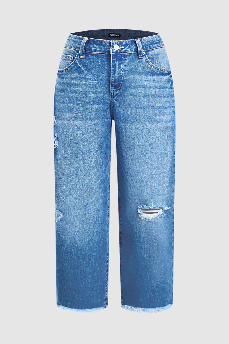 Wash Raw Hem Ripped Mid Waist Straight Leg Crop Jeans Without Belt