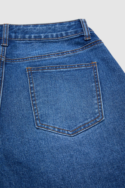 Wash Ripped Patch Pocket High Rise Denim Bermuda Shorts