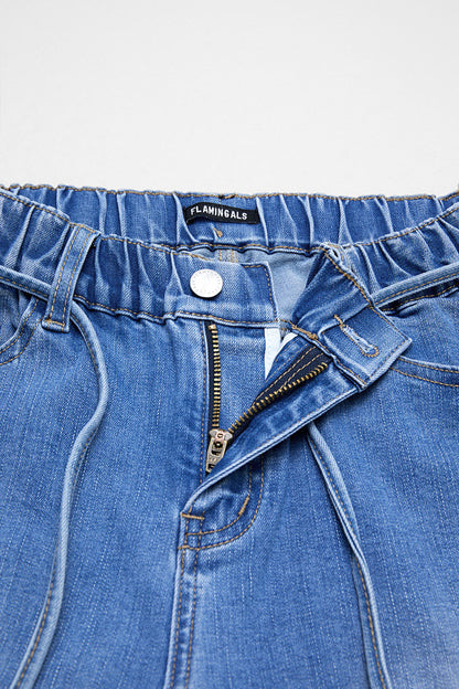 Patch Pocket Button Hem Belted Elastic Waistband Mid Rise Straight Leg Crop Jeans