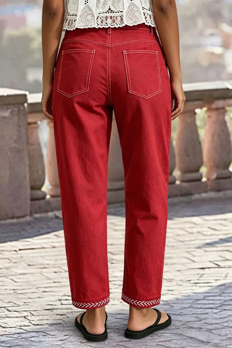 Contrast Stitch Mid Rise Barrel Leg Crop Pants