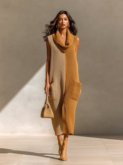 Chic Casual Mustard-Beige Colorblock Cowl Neck Sleeveless Loose Fit Pocket Detail Knit Maxi Dress
