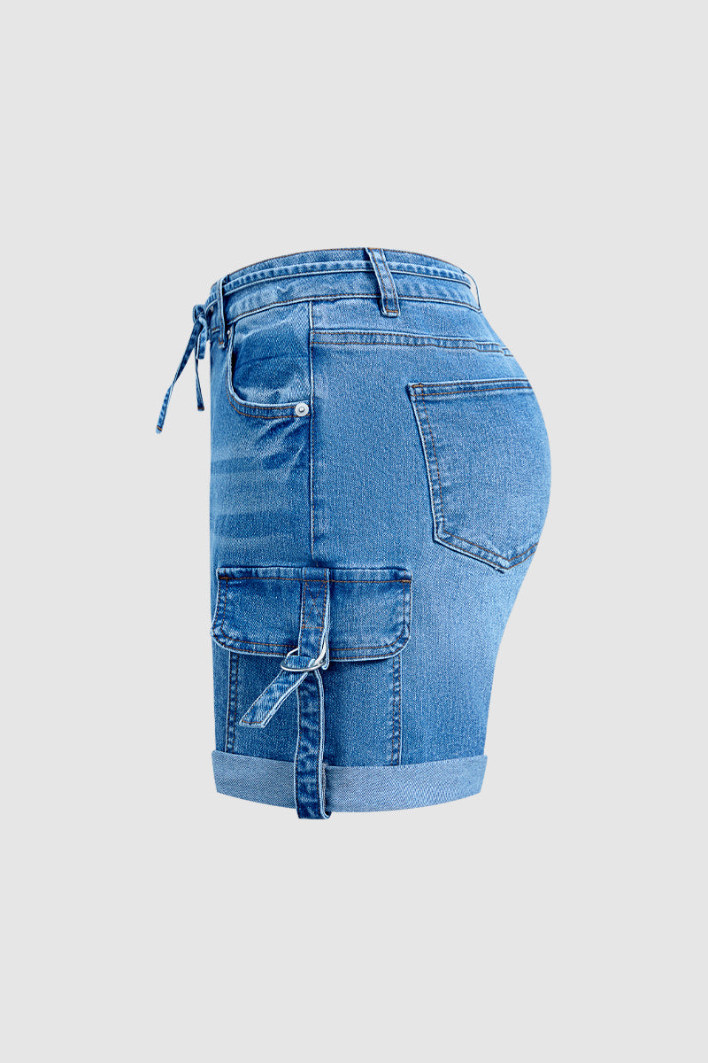 Roll Hem Drawstring Mid Waist Denim Mid Thigh Shorts
