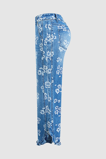 Wash Floral Print Ruffle Split Hem Mid Rise Wide Leg Jeans