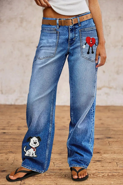 Valentine's Day Pattern Embroidered Patch Pocket Mid Rise Straight Leg Jeans Without Belt