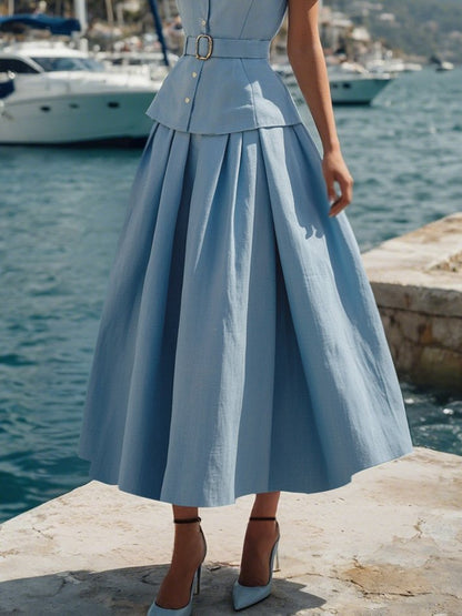 Ensemble en coton, manches courtes, col châle, uni, boutonné, vintage, bleu