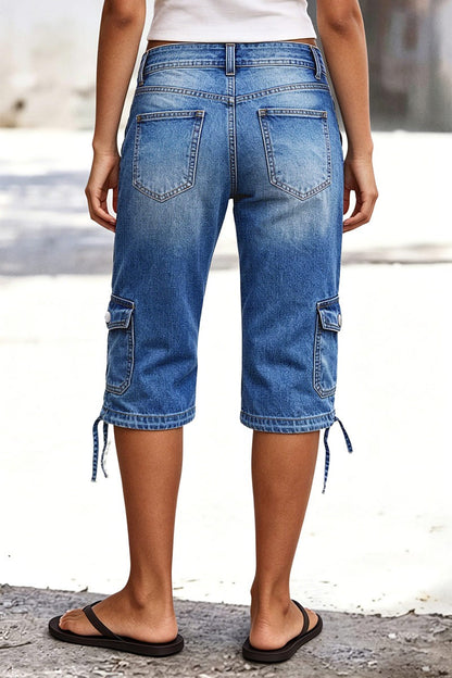 Wash Flap Pocket Drawstring Hem Mid Waist Straight Leg Capri Jeans