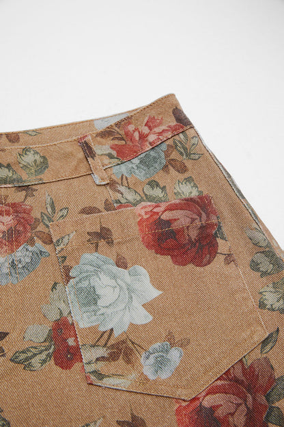 Floral Print Patch Pocket High Rise Straight Leg Pants Without Belt