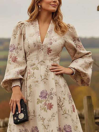 Robe longue en lin, manches longues, col en V, motif floral, vintage, couleur abricot