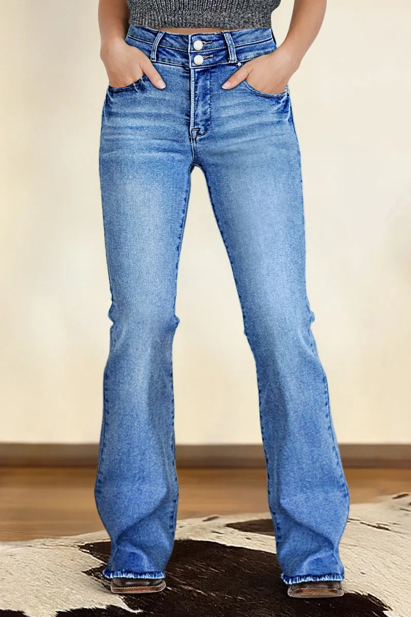 Wash Raw Hem Dual Button Mid Waist Bootcut Jeans