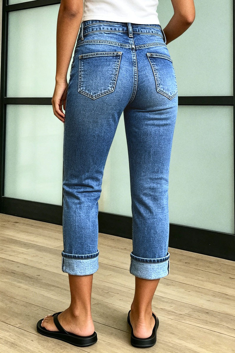 Wash Roll Hem Mid Waist Skinny Capri Jeans