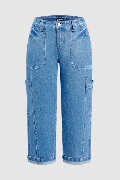 Wash Patch Pocket Roll Hem High Rise Crop Tapered Jeans Without Belt