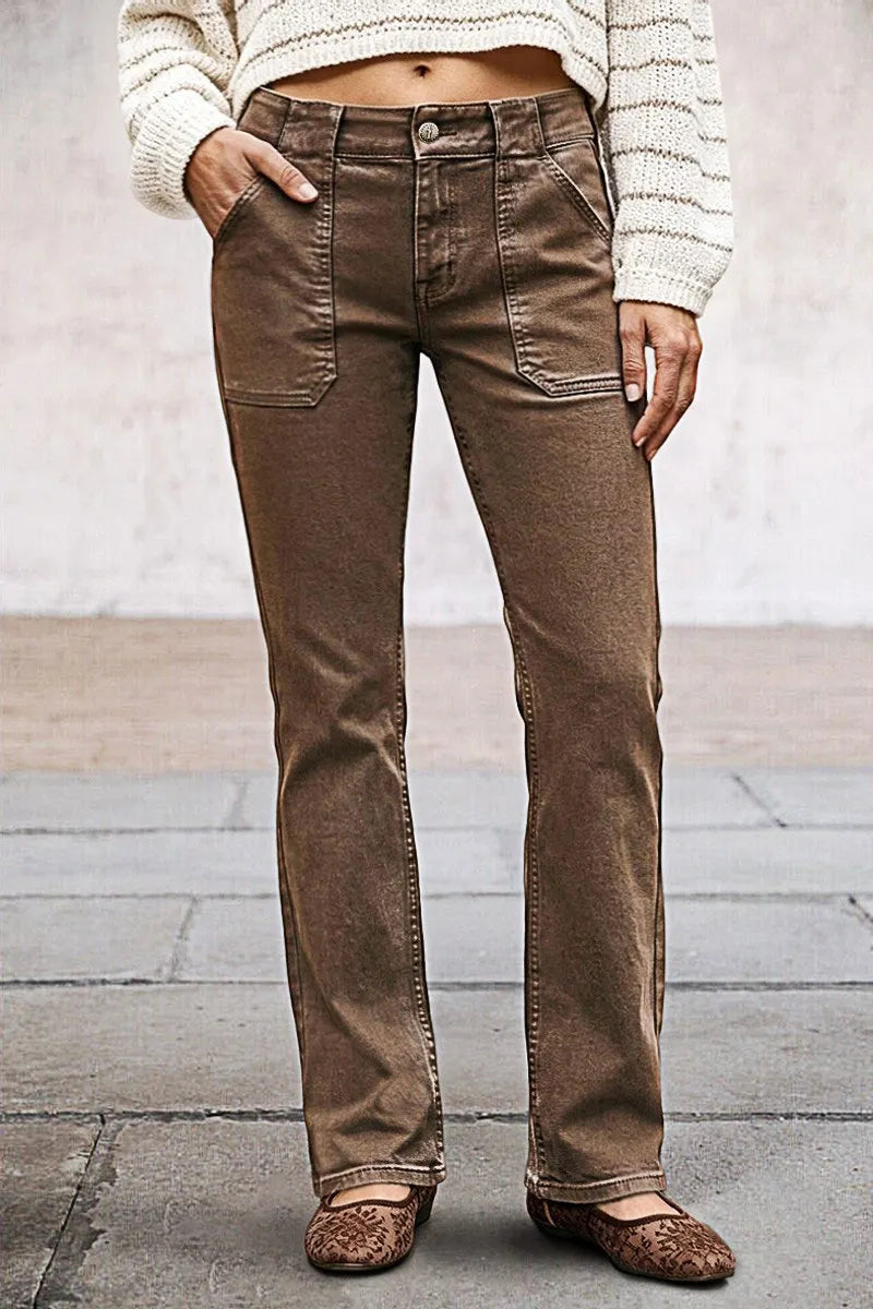 Solid Flap Pocket Mid Waist Straight Leg Pants