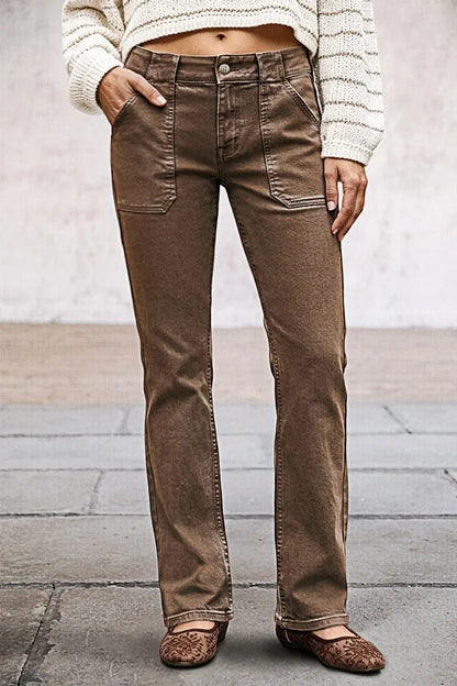 Solid Flap Pocket Mid Waist Straight Leg Pants