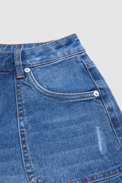 Wash Ruffle Hem Patch Pocket Mid Waist Straight Leg Jeans Without Belt