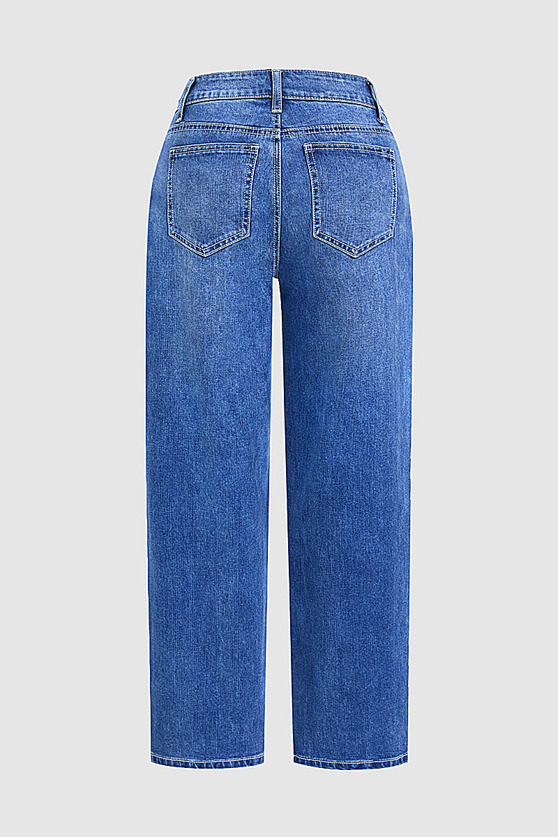 Wash Pleated High Rise Straight Leg Crop Jeans Without Belt