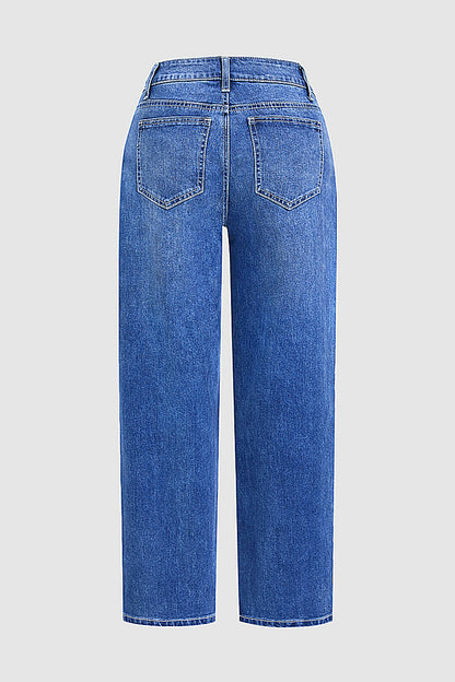 Wash Pleated High Rise Straight Leg Crop Jeans Without Belt