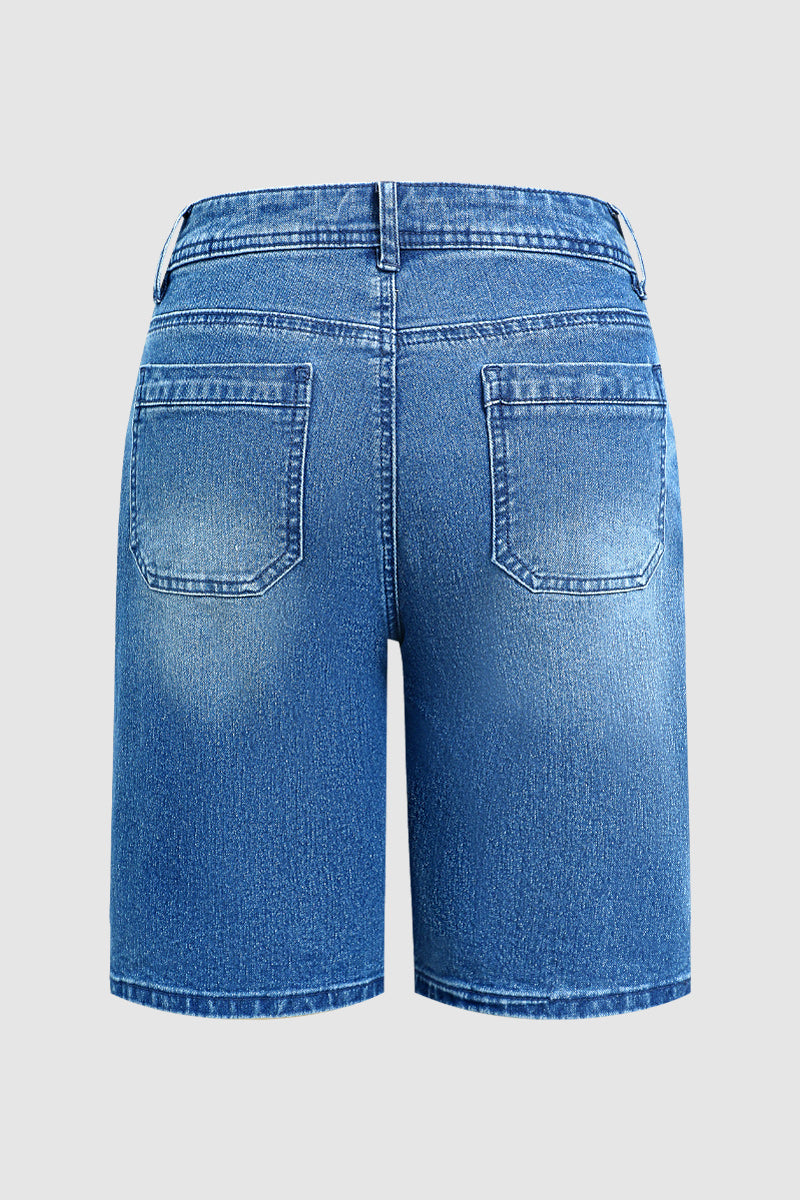 Wash Dual Button Stitch Detail Mid Waist Denim Bermuda Shorts