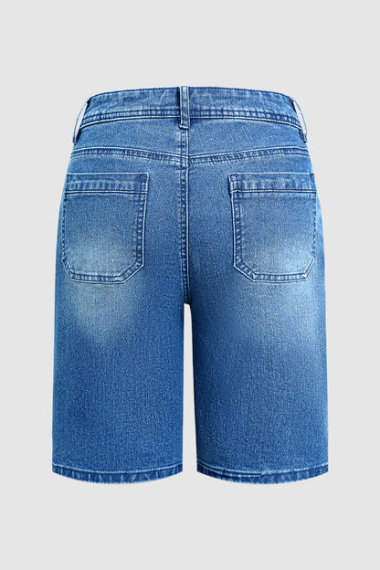 Wash Dual Button Stitch Detail Mid Waist Denim Bermuda Shorts