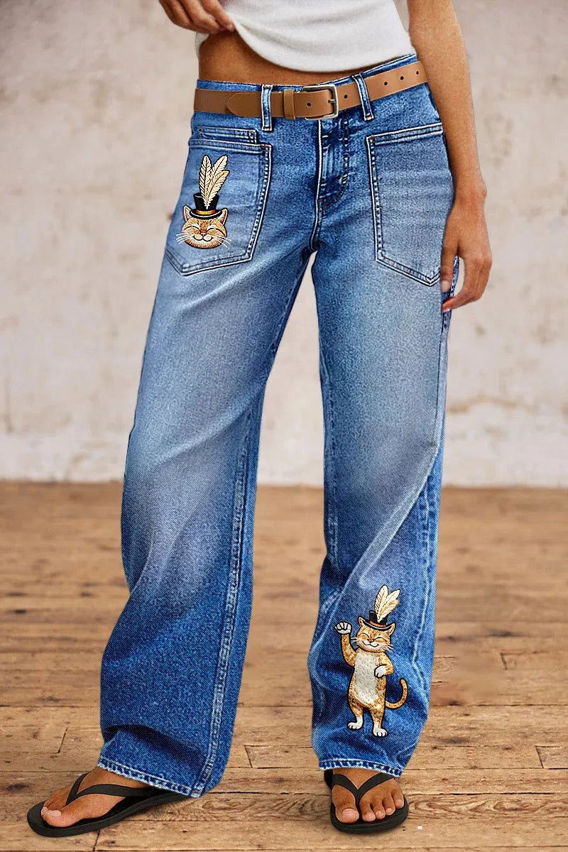 Wash Embroidery Mid Waist Straight Leg Jeans Without Belt