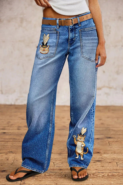 Wash Embroidery Mid Waist Straight Leg Jeans Without Belt