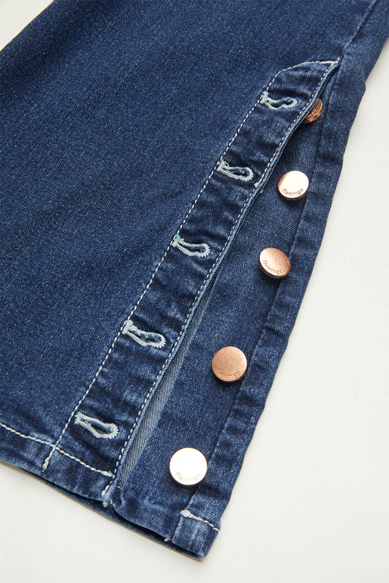 Wash Mid Waist Buttoned Hem Bootcut Jeans Without Belt