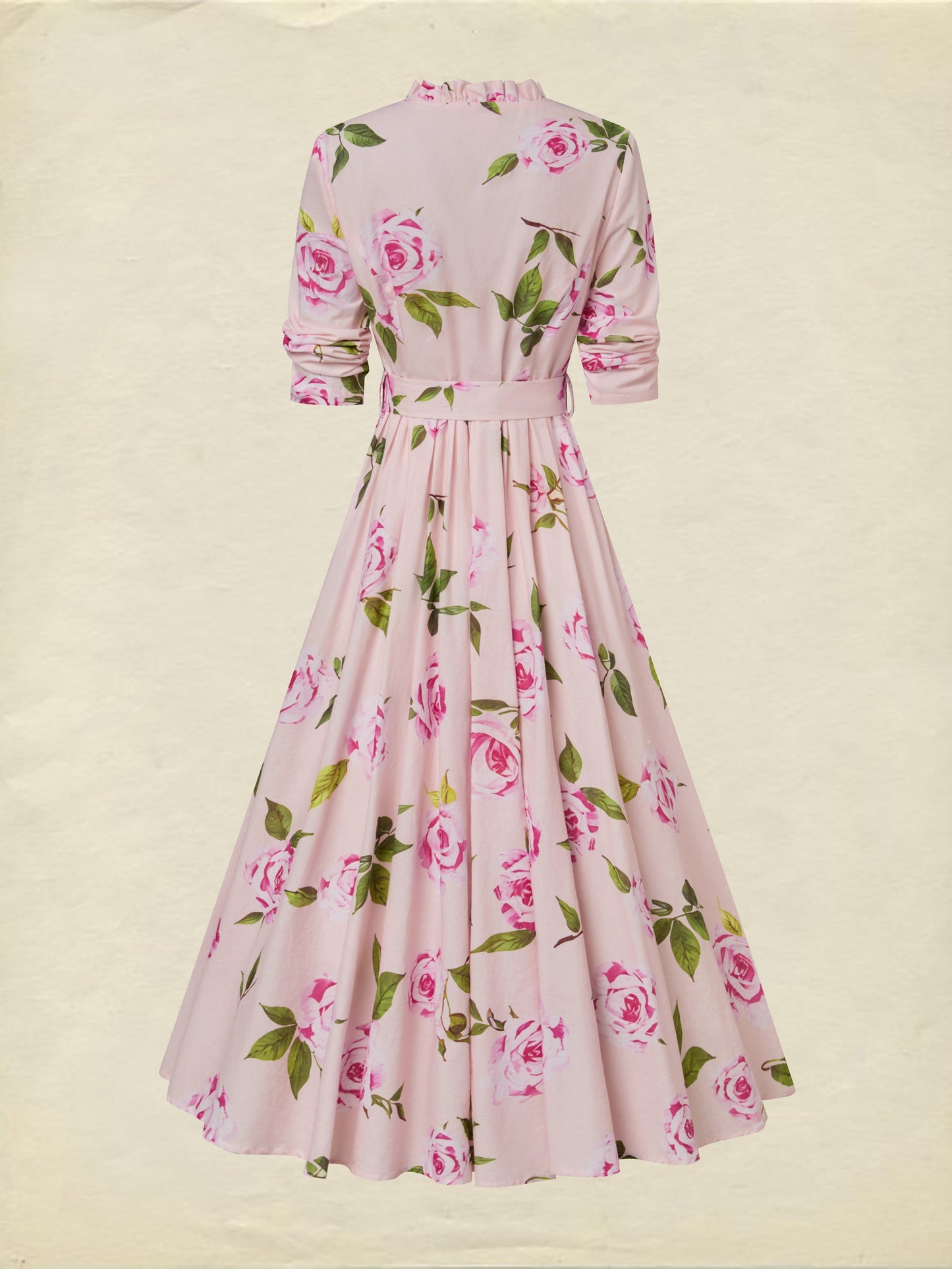 Robe midi en lin, manches longues, col en V, motif floral, ceinture, vacances, vintage, rose clair