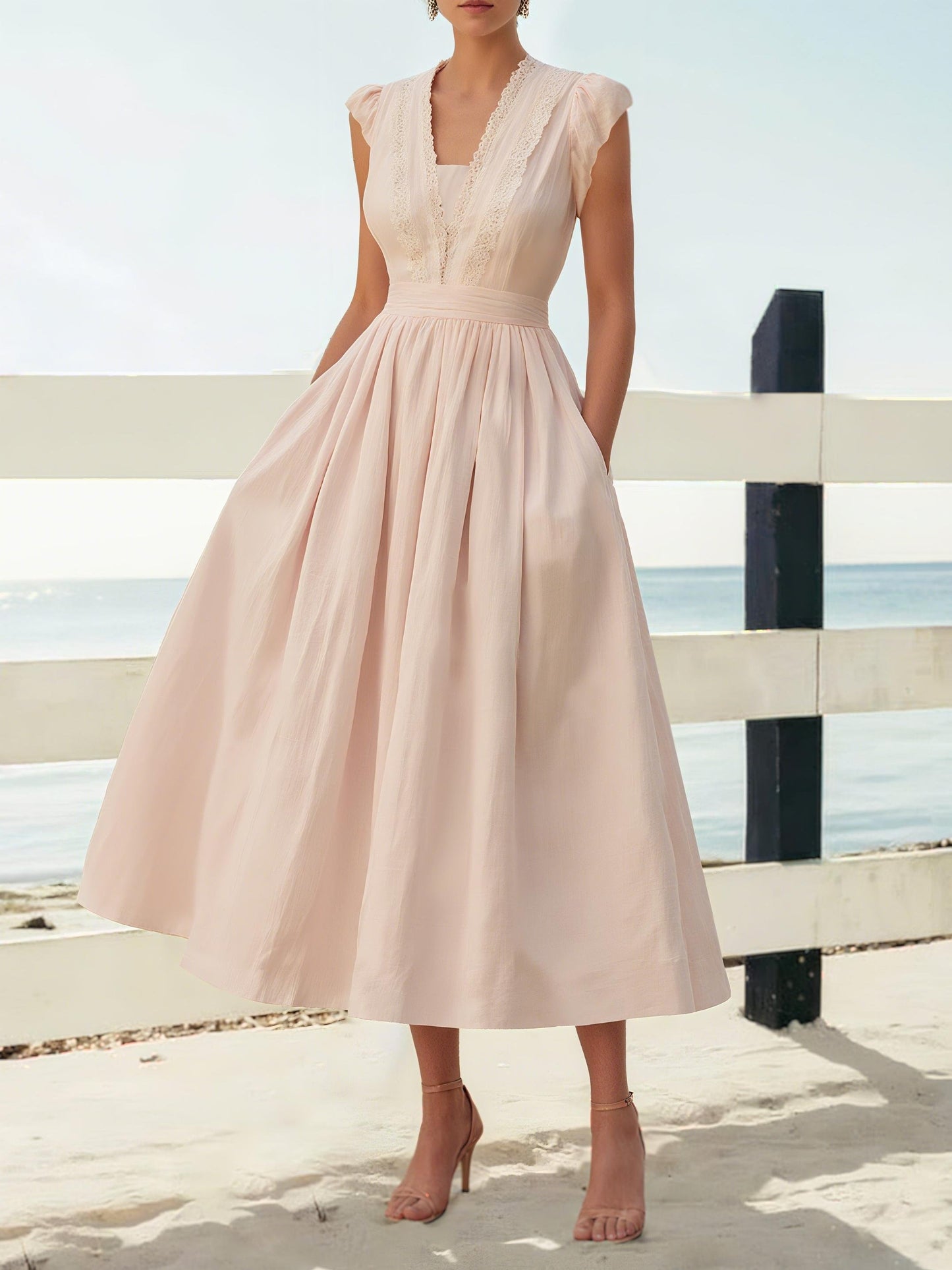 Robe midi en lin, manches courtes, col en dentelle, unie, vintage, rose clair