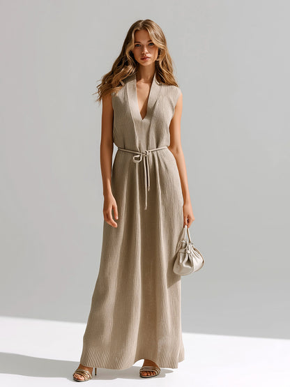 Chic Elegant Camel Deep V-Neck Sleeveless Loose-Fit Tie-Waist Ribbed Knit Maxi Dress