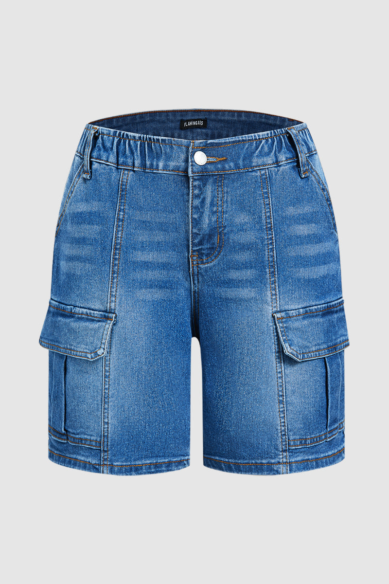 Wash Flap Pocket Seam Front Elastic Mid Rise Mid Thigh Denim Shorts