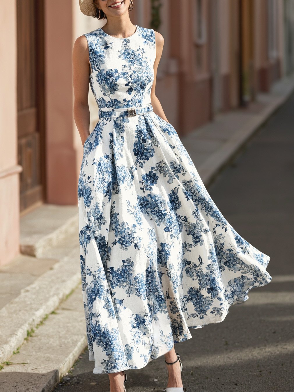 Robe longue en lin, sans manches, col rond, motif floral, ceinture, vacances, style vintage, bleue