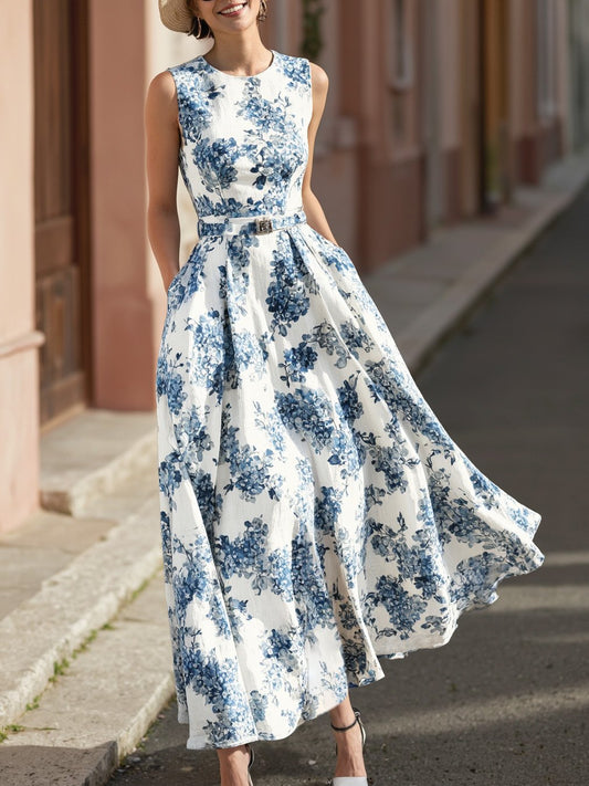 Robe longue en lin, sans manches, col rond, motif floral, ceinture, vacances, style vintage, bleue