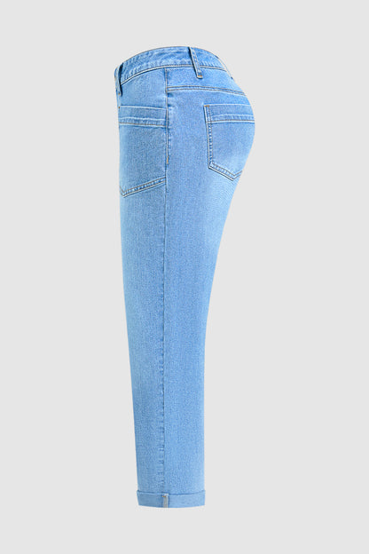 Wash Roll Hem Mid Waist Straight Leg Crop Jeans