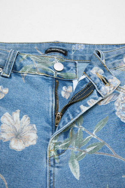 Floral Print Flap Pocket Mid Waist Barrel Leg Capri Jeans