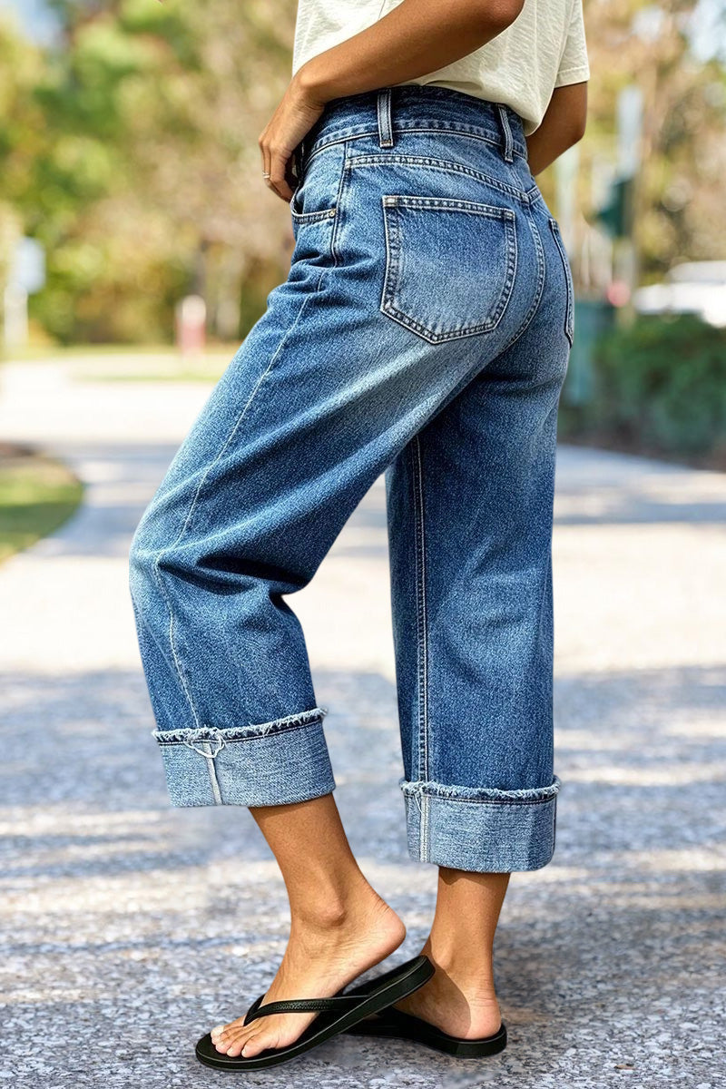 Raw Hem Stitch Detail Mid Waist Straight Leg Crop Jeans