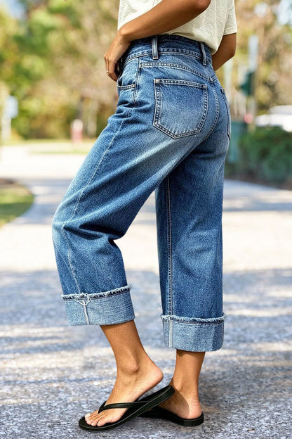 Raw Hem Stitch Detail Mid Waist Straight Leg Crop Jeans