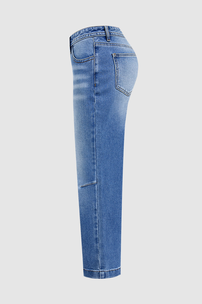 Stitch Detail Mid Waist Straight Leg Crop Jeans