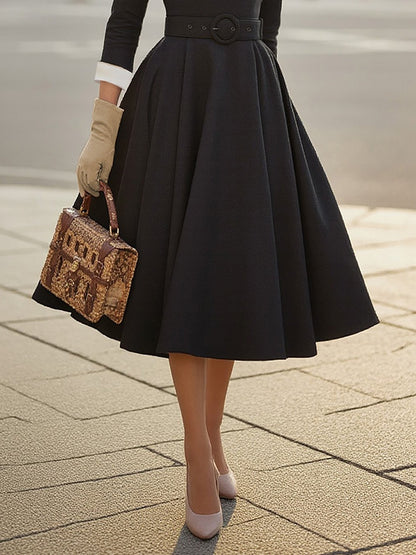 Robe en coton mi-longue, manches courtes, col rond, unie, ceinture, style vintage, noire
