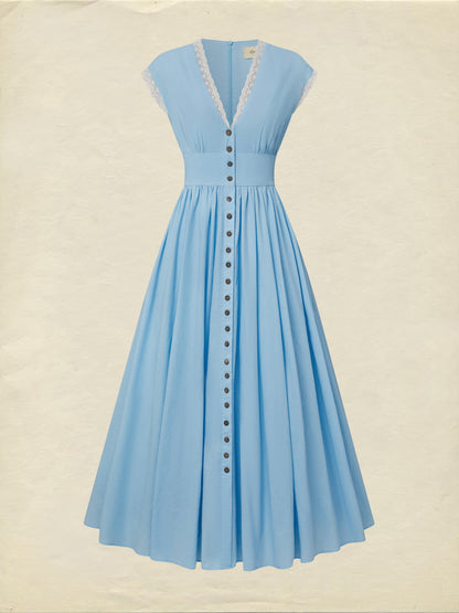 Robe longue en lin, manches courtes, col en V, unie, boutonnée, vintage, bleue