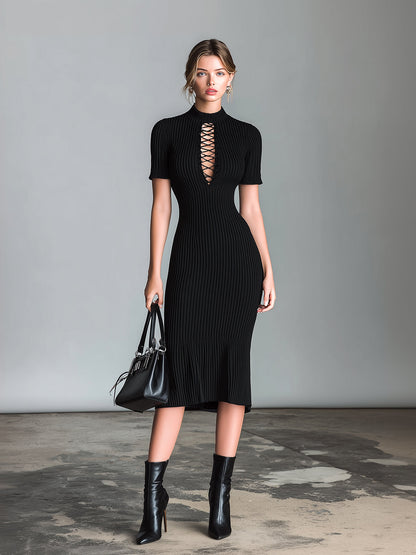 Chic Elegant Black Mock Neck Lace-Up Detail Short Sleeve Slim-Fit Mermaid Hem Ribbed Knit Bodycon Midi Dress