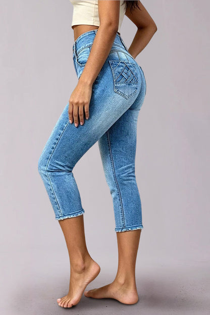 Braided Detail Raw Hem High Rise Capri Skinny Jeans