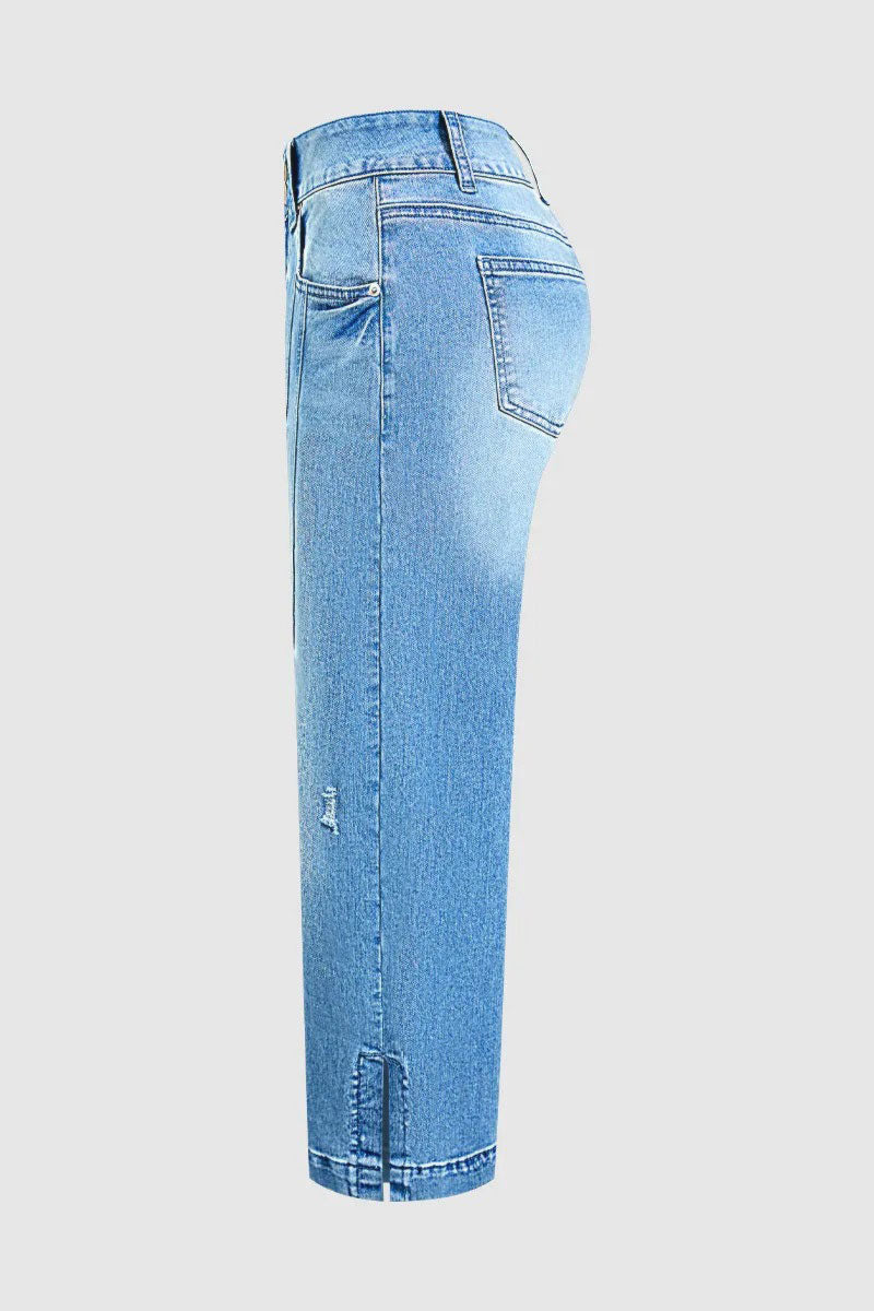 Wash Side Split Ripped Detail Mid Waist Wide Leg Cropped Jeans