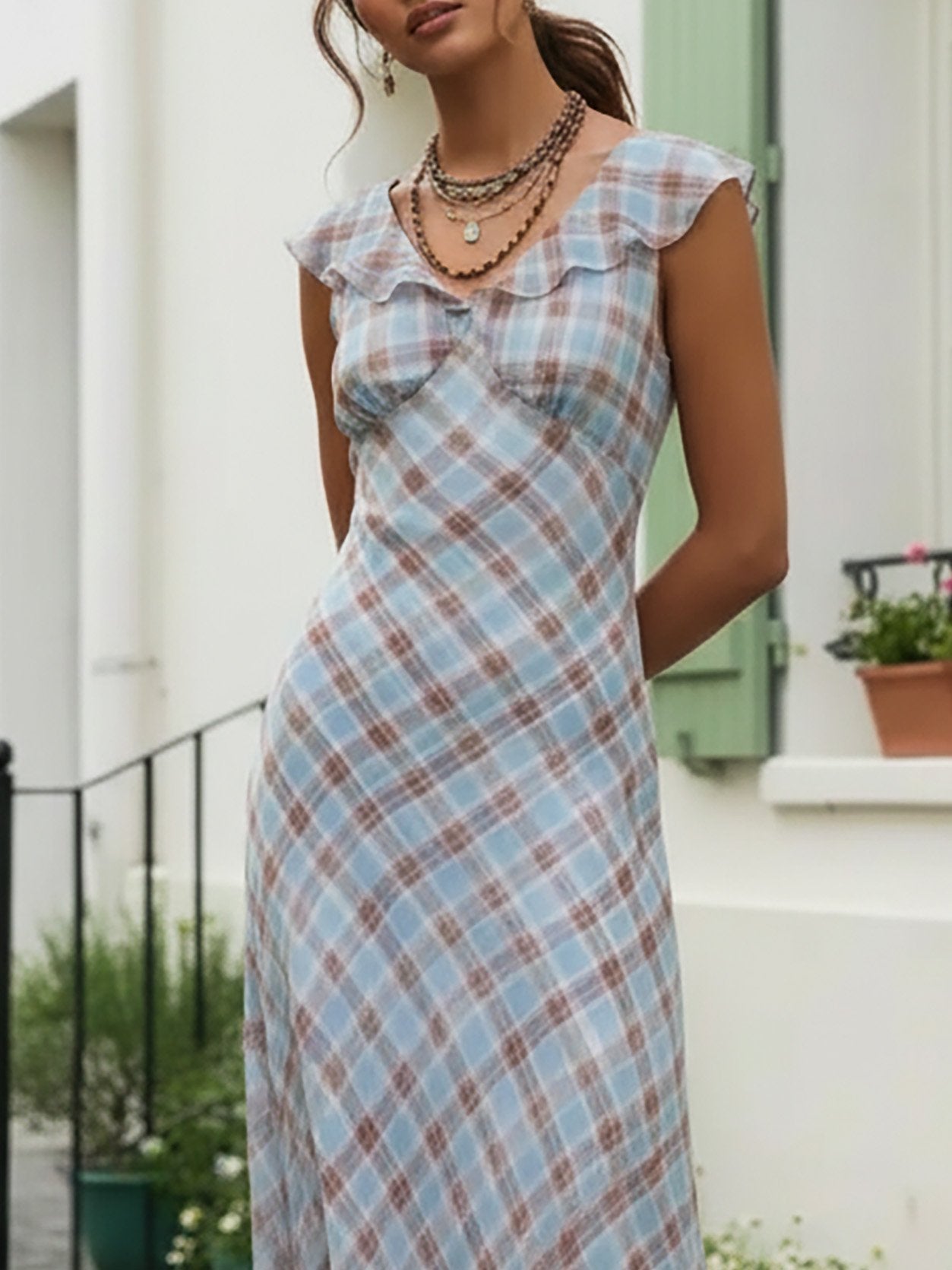 Robe longue en lin, sans manches, col en V, à carreaux, style vintage français, bleue