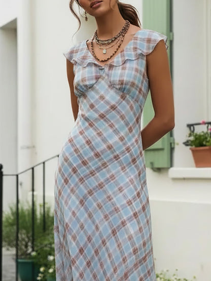 Robe longue en lin, sans manches, col en V, à carreaux, style vintage français, bleue