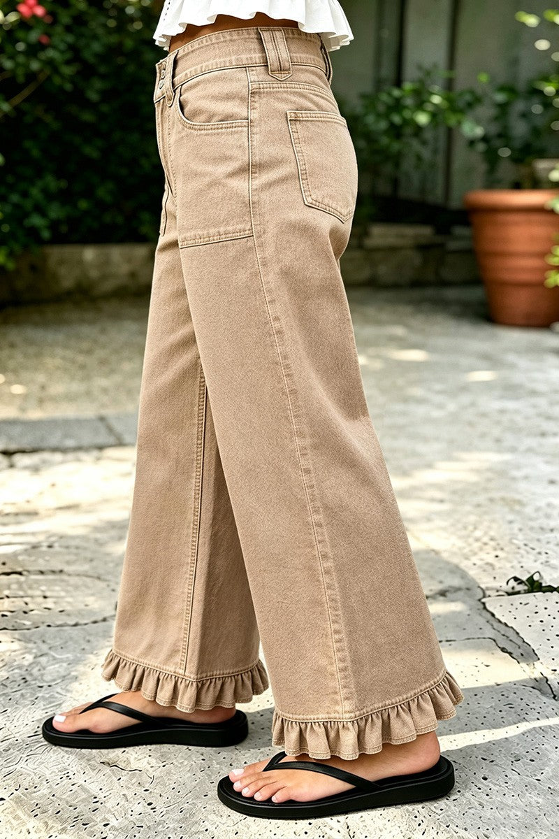 Ruffle Hem Mid Waist Wide Leg Pants