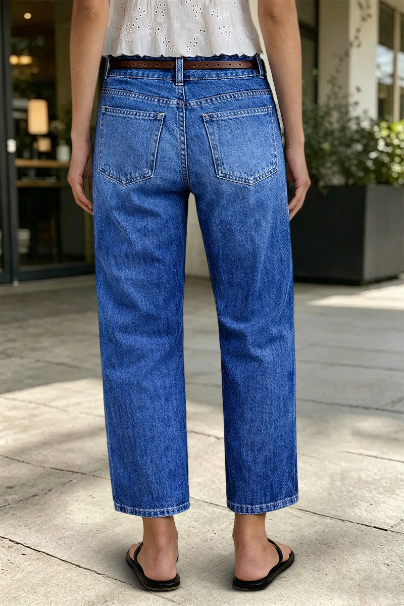 Wash Pleated High Rise Straight Leg Crop Jeans Without Belt