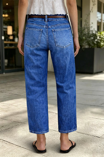 Wash Pleated High Rise Straight Leg Crop Jeans Without Belt