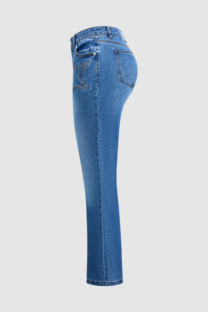 Wash Star Pattern Stitch Detail Mid Waist Bootcut Jeans Without Belt