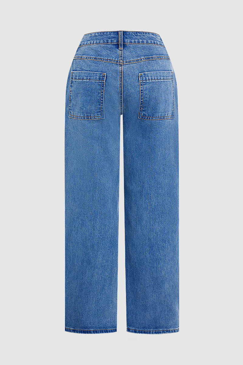 Valentine's Day Pattern Embroidered Patch Pocket Mid Rise Straight Leg Jeans Without Belt