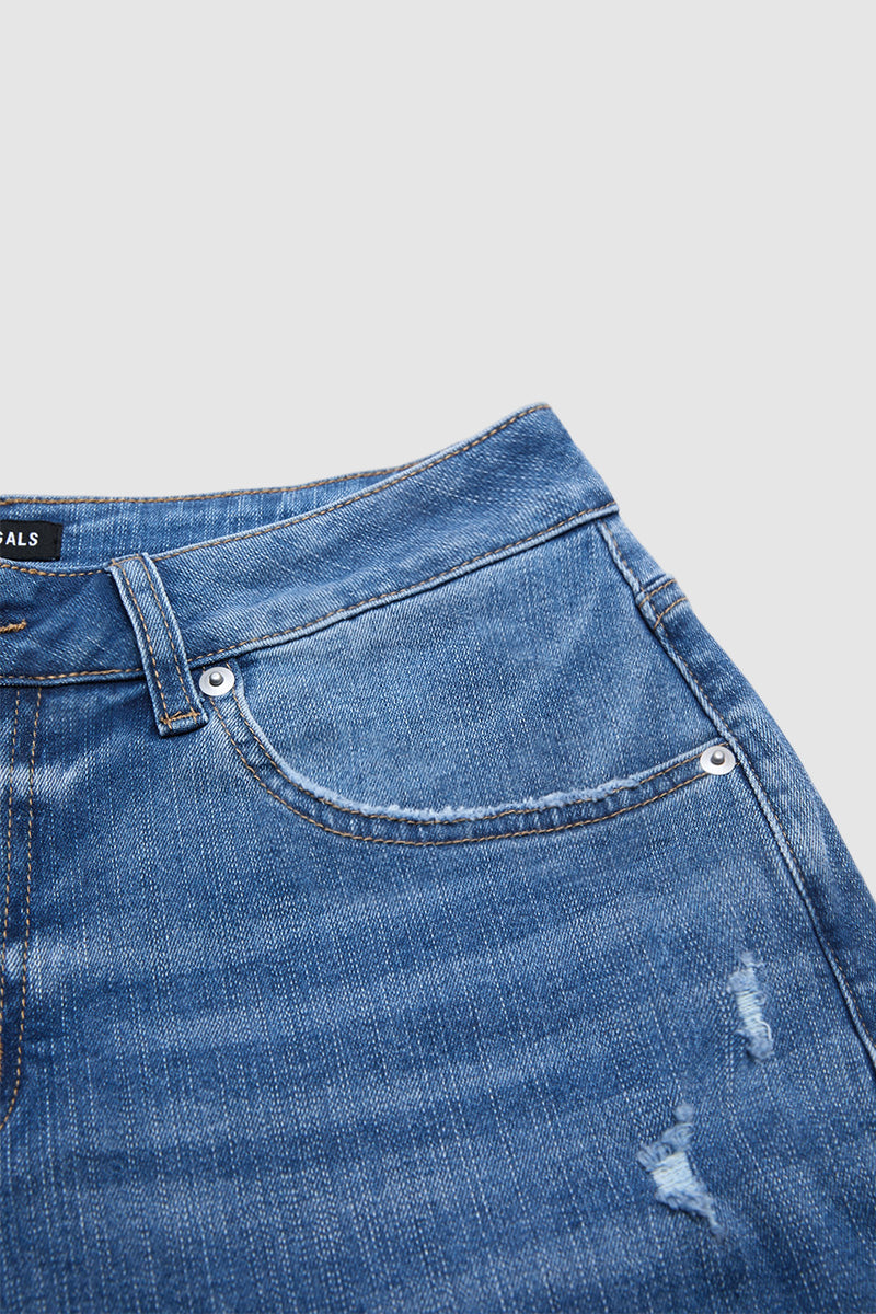 Wash Button Tab Roll Hem Mid Waist Straight Leg Crop Jeans